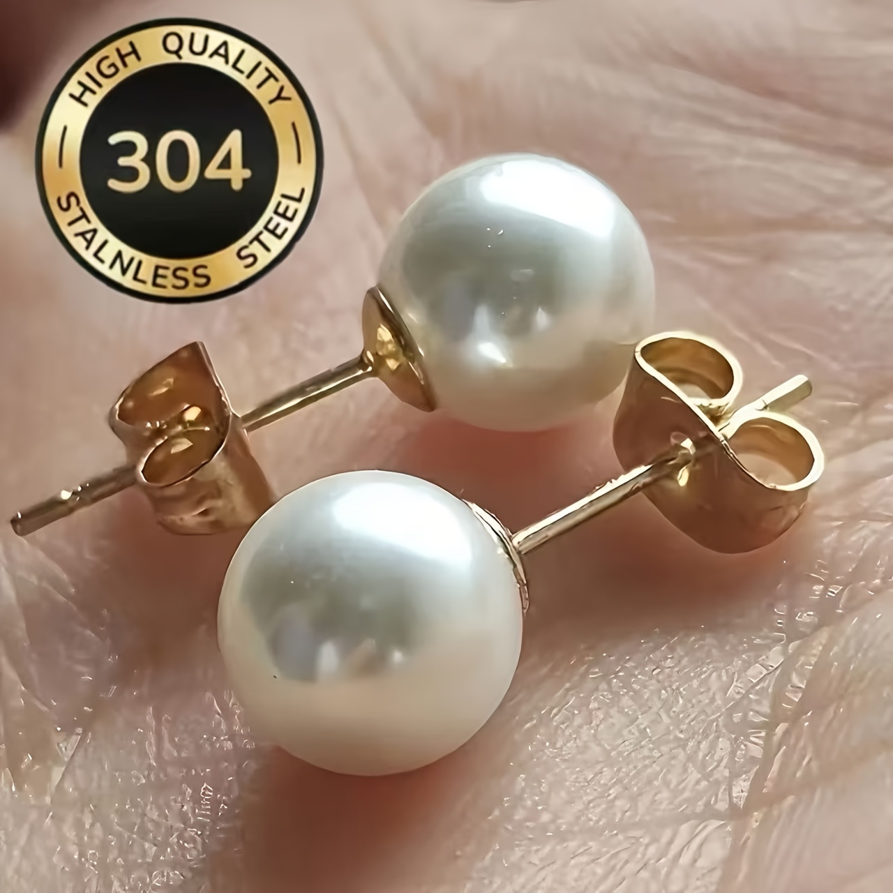 Women's 18K Gold-Plated Stainless Steel Stud Earrings with Imitation Spheres
